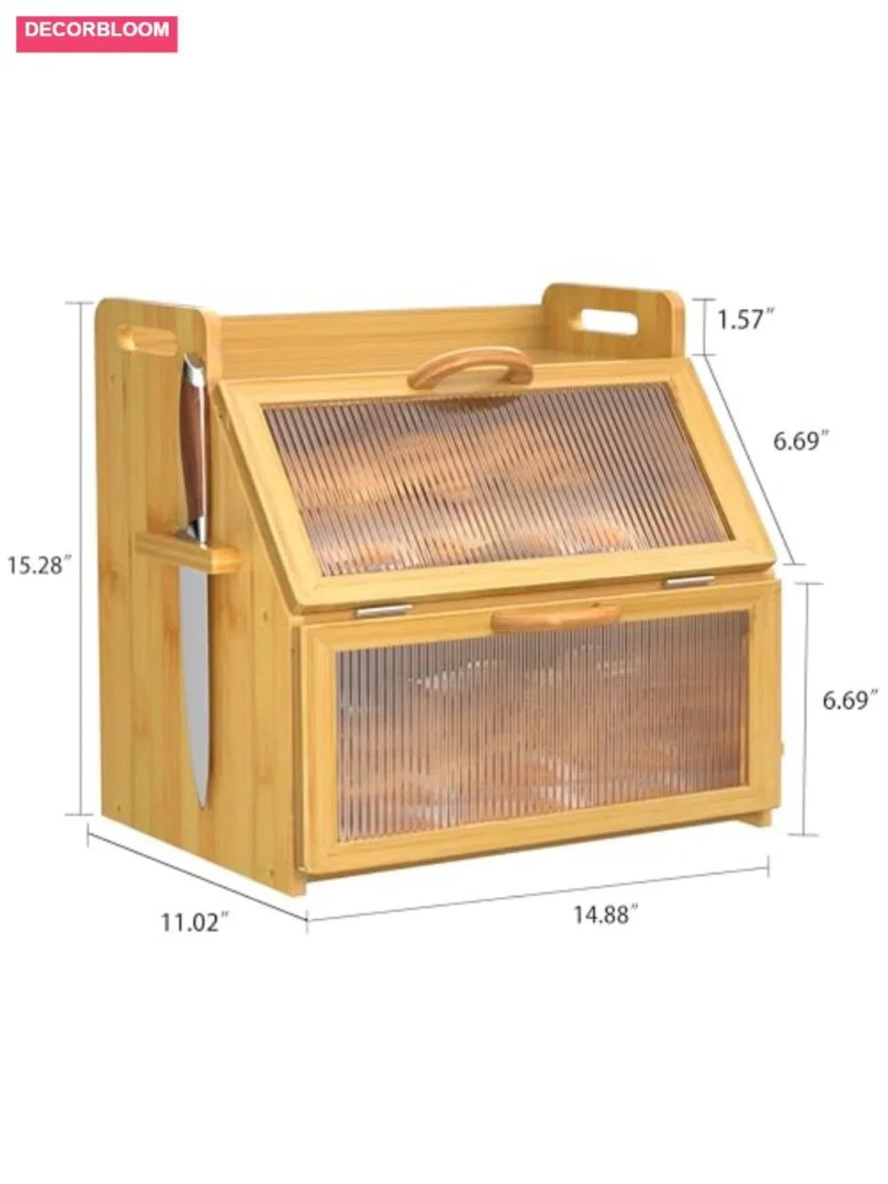 Large Bamboo Bread Box with Acrylic Window, Double Layer Kitchen Countertop
